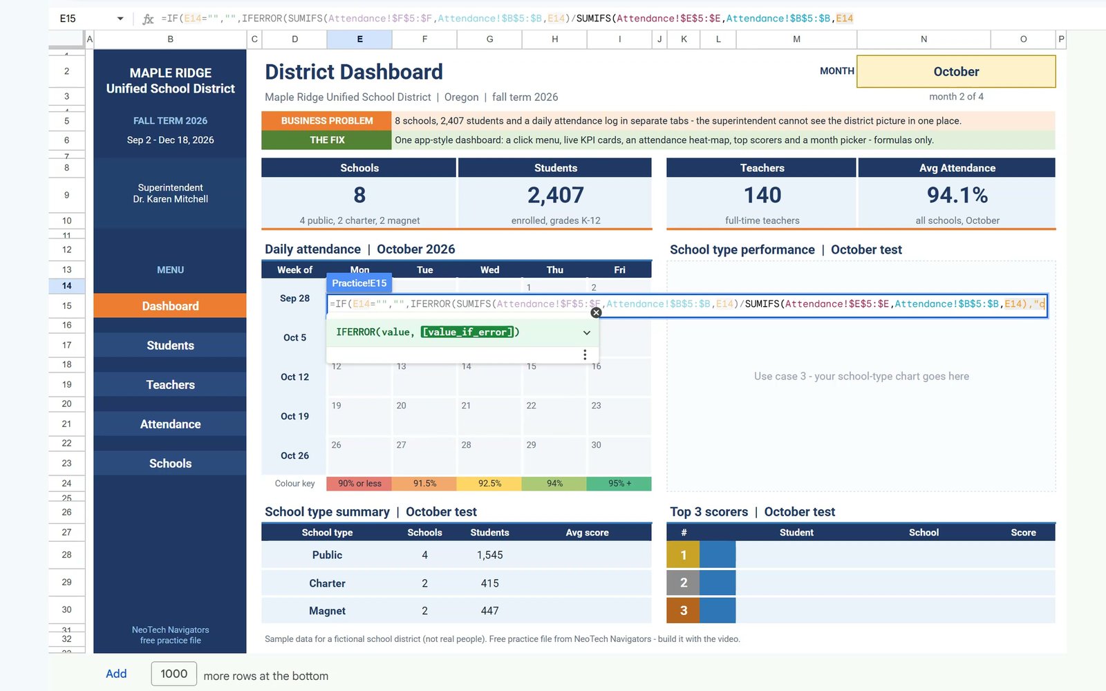 IFERROR and SUMIFS formula in the attendance calendar